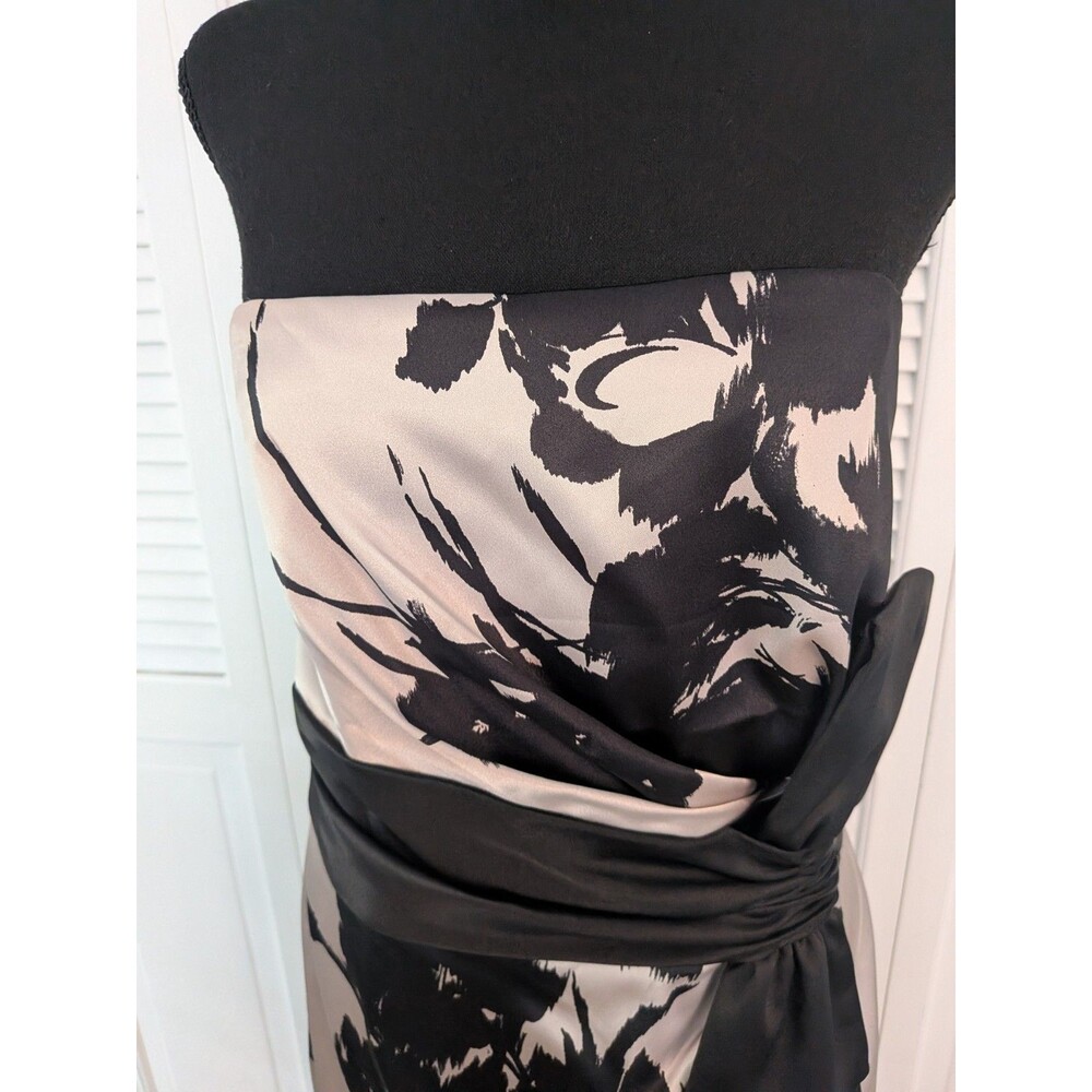 WHBM Dress Womens 12 Beige Black Floral Satin Bow Strapless Formal Cocktail Glam - Picture 2 of 16